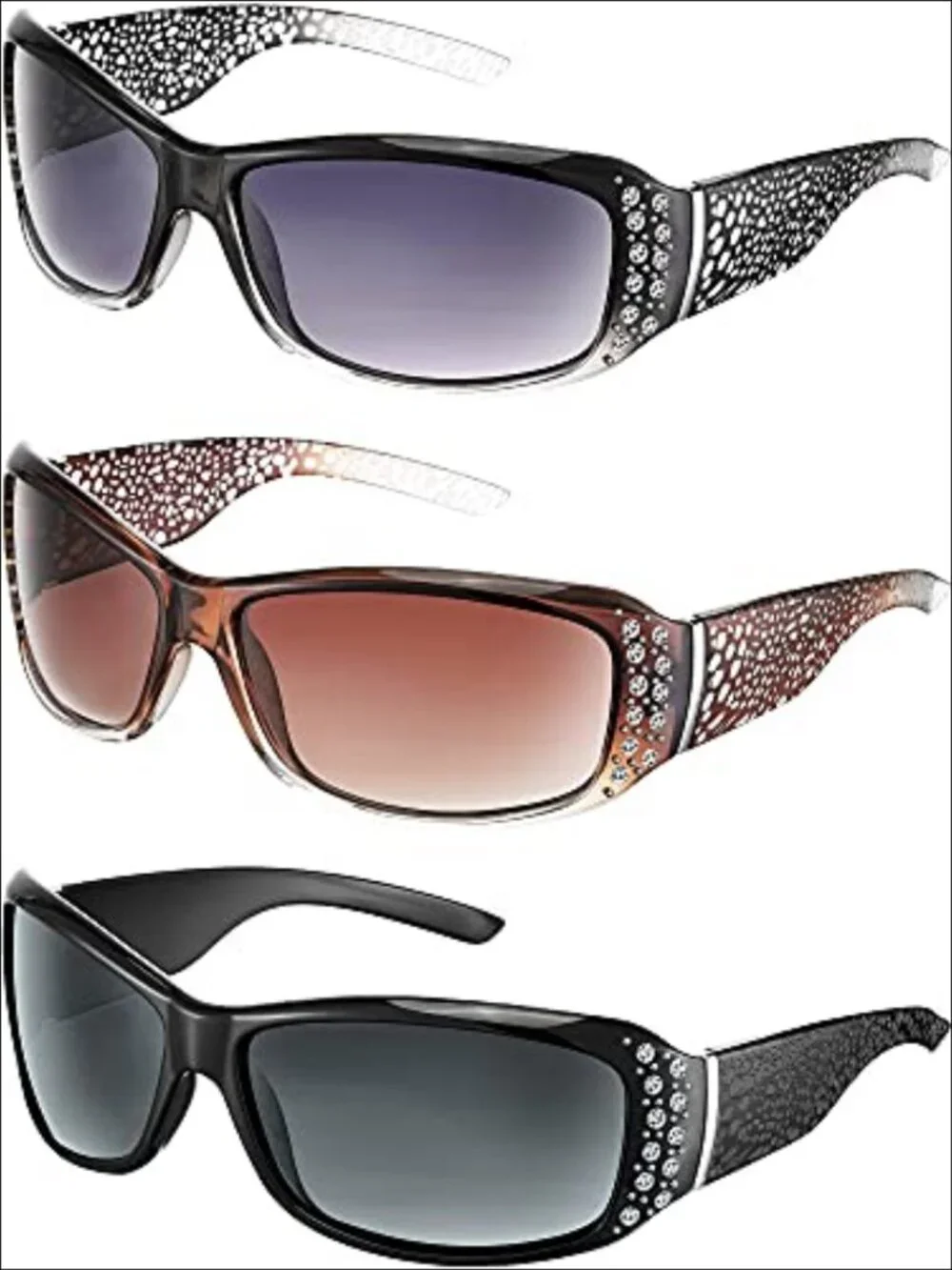 Rhinestone Wrap Around Sunglasses 3 Pairs Retro Oversized UV400 Bling